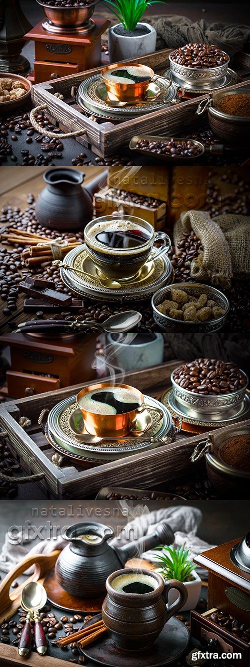 Hot coffee and fragrant coffee beans photo vintage