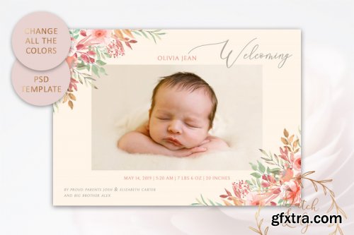 CreativeMarket - Birth Announcement Card Template #1 3558151