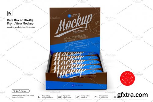 CreativeMarket - Bars Box of 10x40g Front View Mockup 3405369