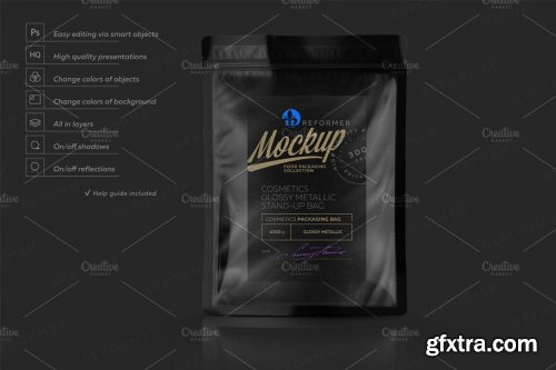 CreativeMarket - Glossy Black Stand-up Bag Mockup 2283735