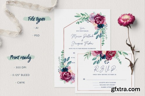 Burgundy and Navy Wedding Invitation Suite