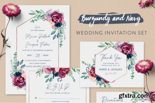 Burgundy and Navy Wedding Invitation Suite