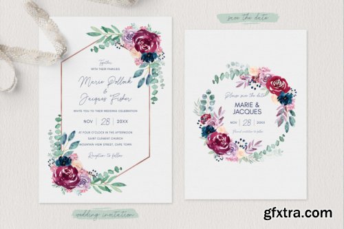 Burgundy and Navy Wedding Invitation Suite