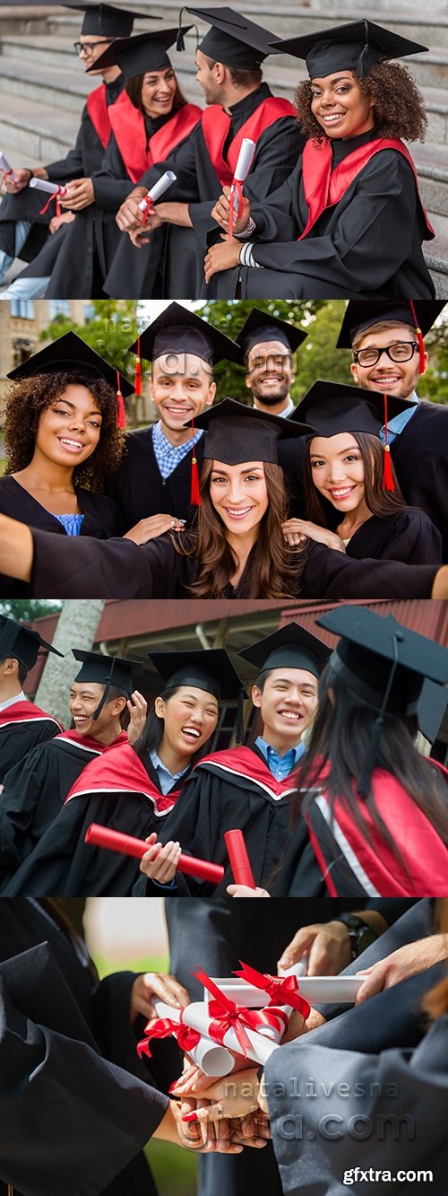 Happy bachelor on final in the academic hat with diplomas