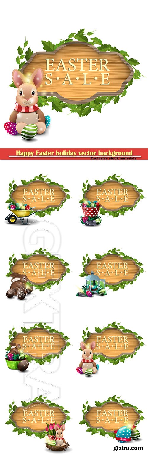 Easter sale vector modern banner in form of wooden board with easter eggs