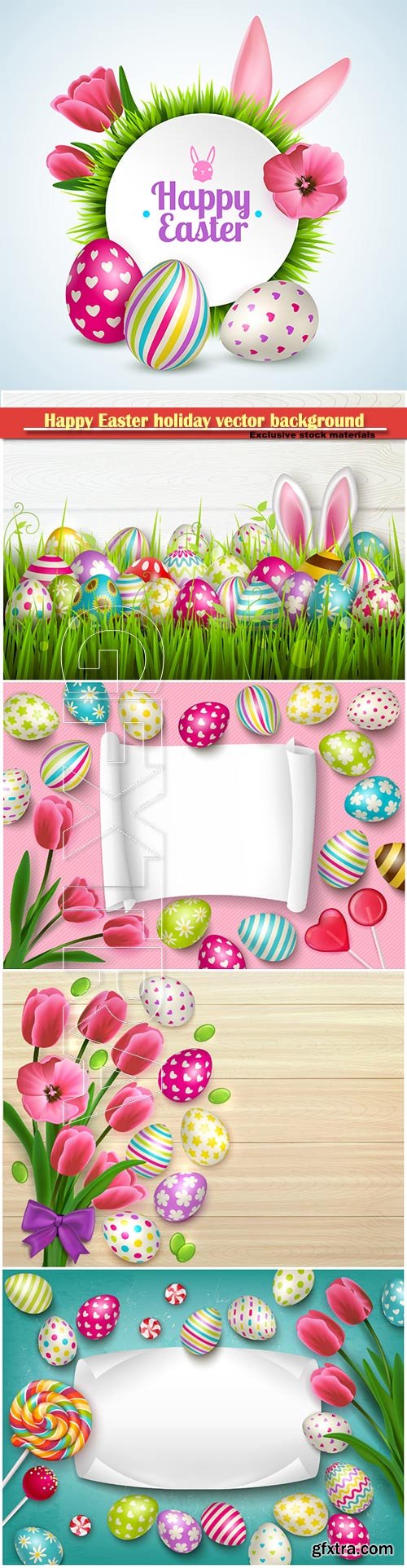 Happy easter composition with eggs rabbit ears and spring flowers vector illustration