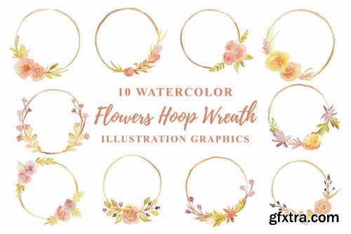 10 Watercolor Flowers Hoop Wreath Illustration