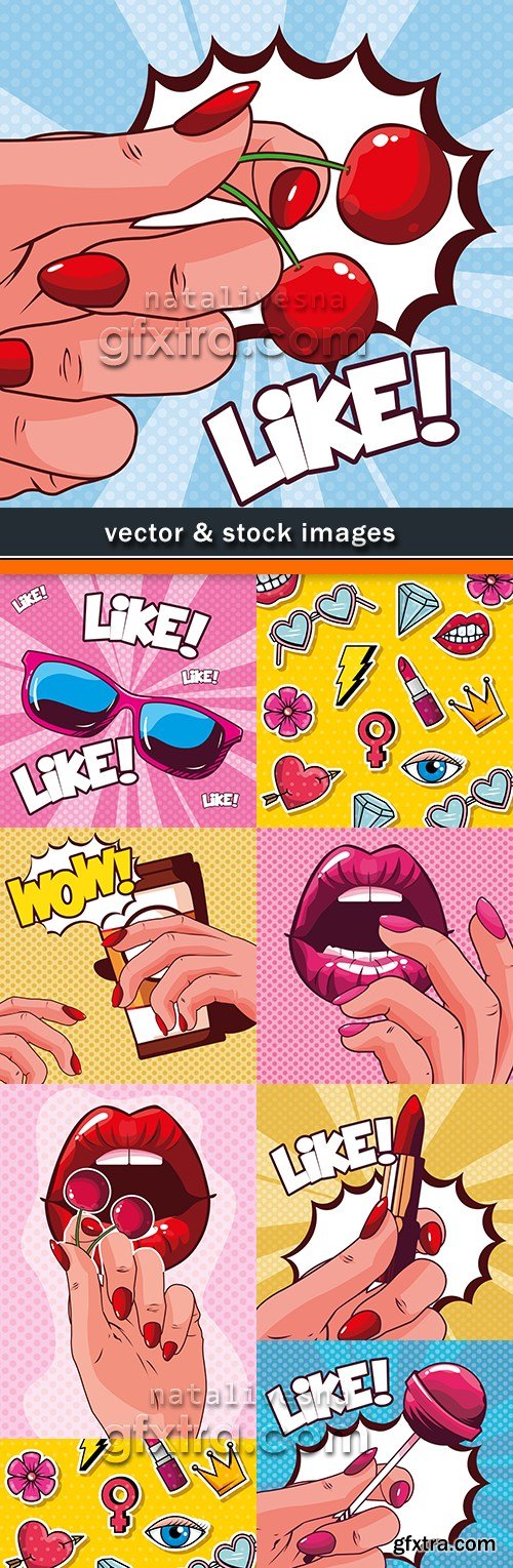 Pop art cartoon of illustration bright lips and berries