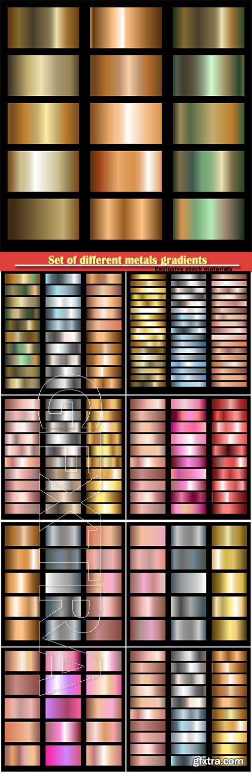 Set of different metals gradients, gold, bronze, silver and copper vector backgrounds