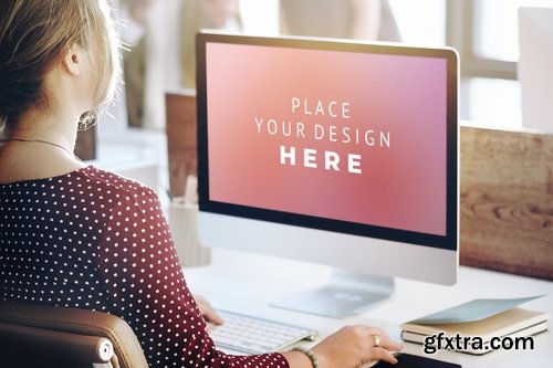 Woman working on Computer Mockup Screen