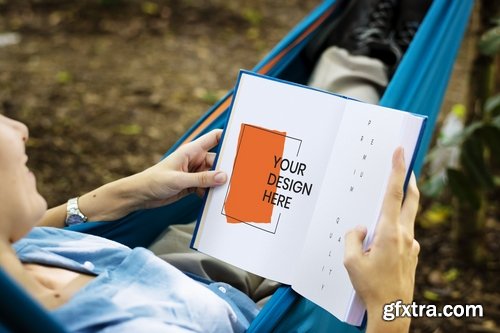 Woman reading a mockup book in a hammock