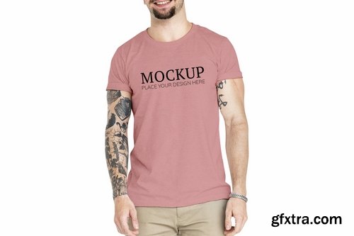 Tattooed man in a pink Mockup T-shirt