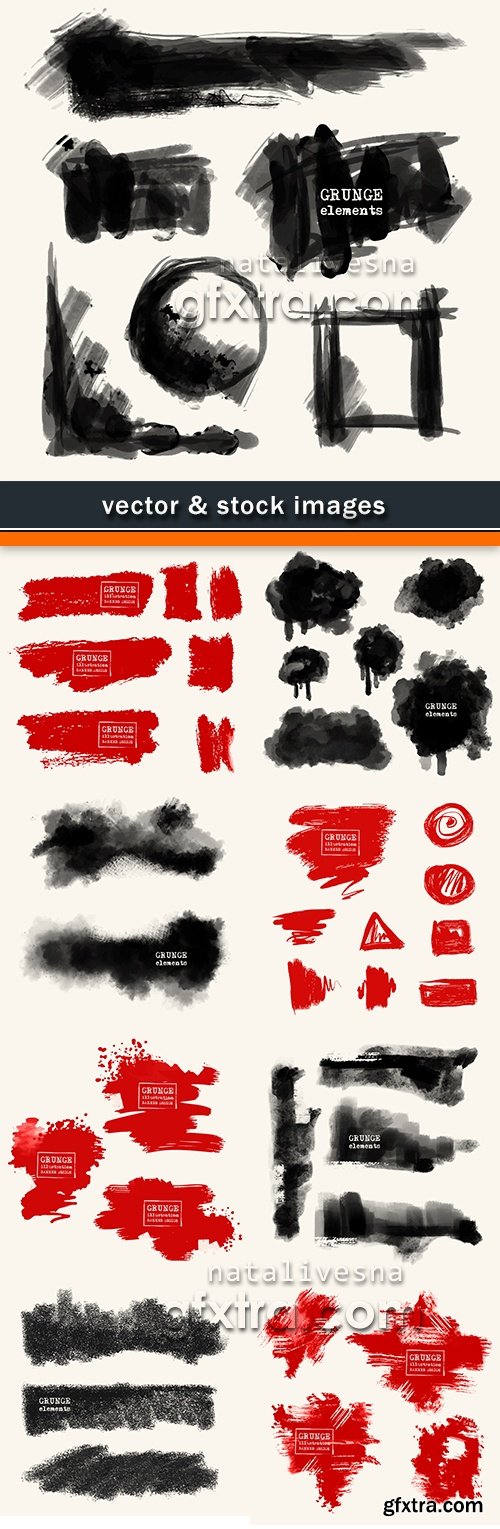 Grunge ink splashes and stains black and red elements