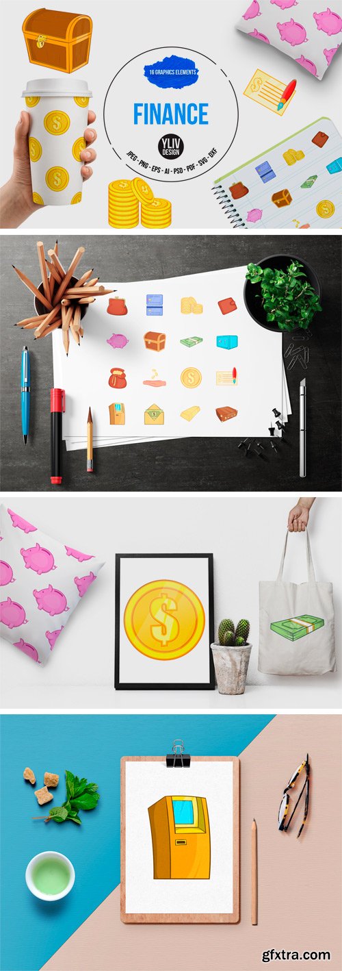 Designbundles - Finance Icons Set, Cartoon Style 94558