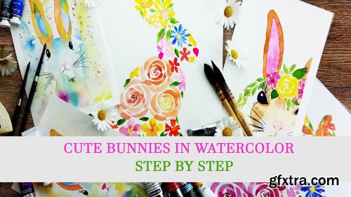 Cute bunnies in watercolor, step by step