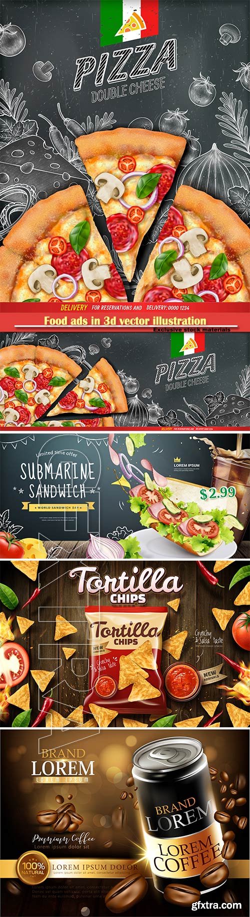 Food ads in 3d vector illustration