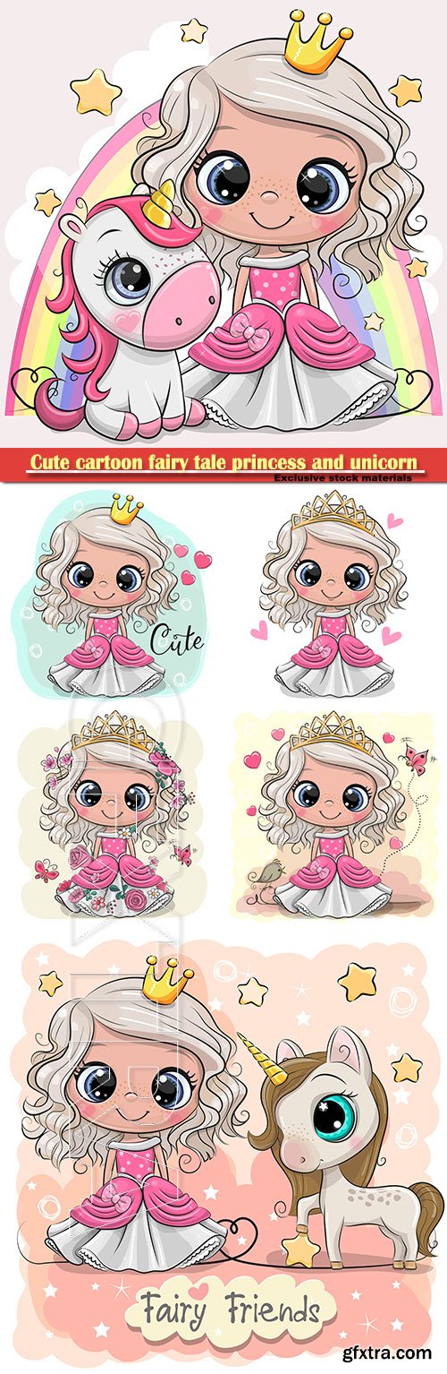 Cute cartoon fairy tale princess and unicorn