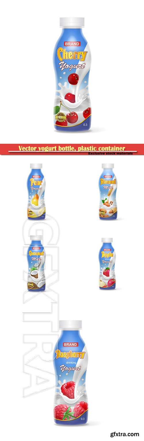 Vector yogurt bottle, plastic container with drinking berry yogurt mock-up hyperrealistic illustration