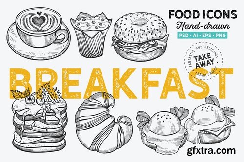 Sandwich Fast Food Smoothie Breakfast Pastries Dessert Sandwich Hand-Drawn Graphics