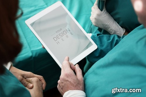 Doctors working on digital tablet mockup screen