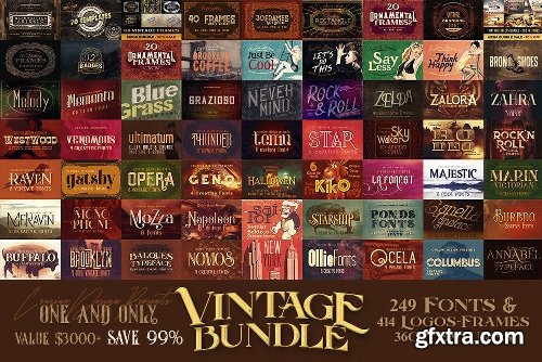 CreativeMarket Vintage Bundle 249 Fonts & 414 Logos 3264710