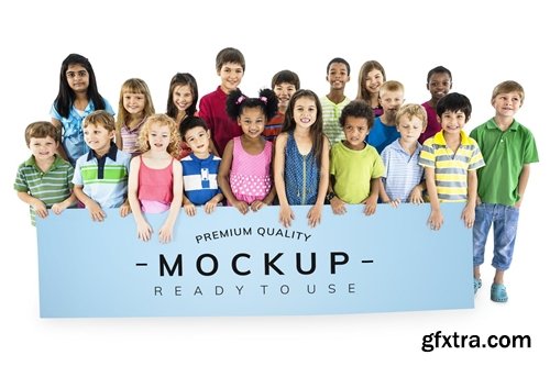 Diverse kids standing together with mockup banner