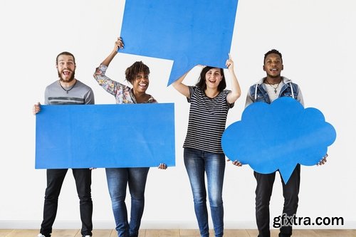 Cheerful People Holding Speech Bubble Icon Mockup