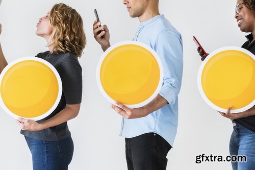 People Using Phones And Holding Blank Board Mockup