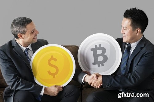 Businessmen holding Mockup currency signs