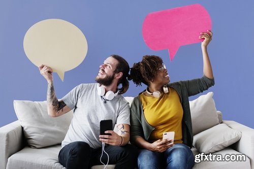 couple at home holding Mockup speech bubble