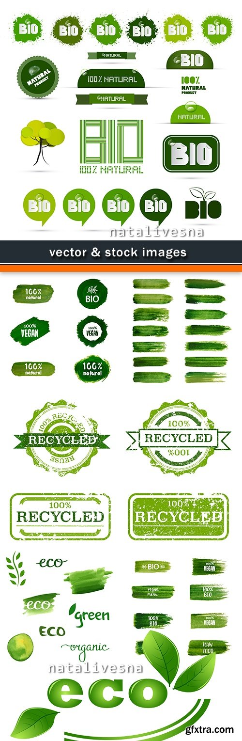 Ecology and bio natural green labels and dabs brush