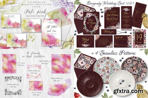 Watercolor Wedding Invitations Suits. GIANT BUNDLE