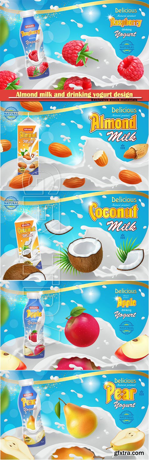 Almond milk and drinking yogurt design ads template realistic 3d illustration