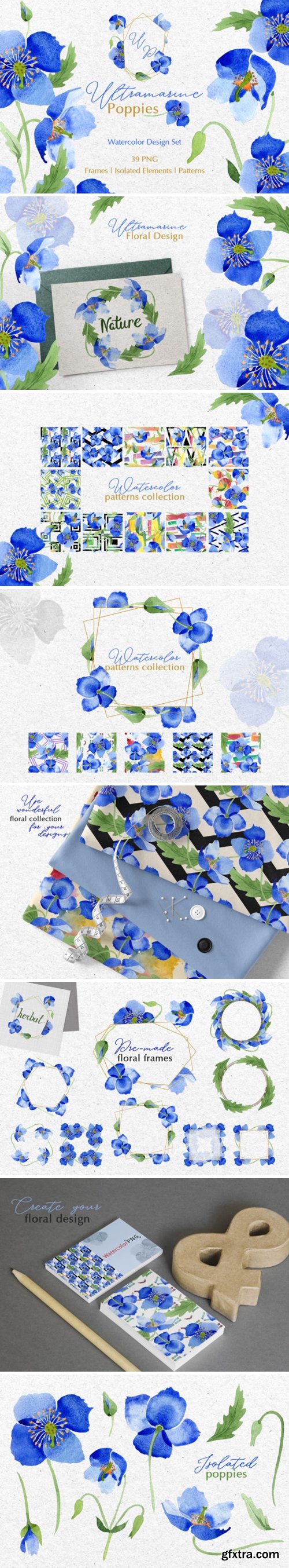 CM - Ultramarine blue Poppies Watercolor 3739115