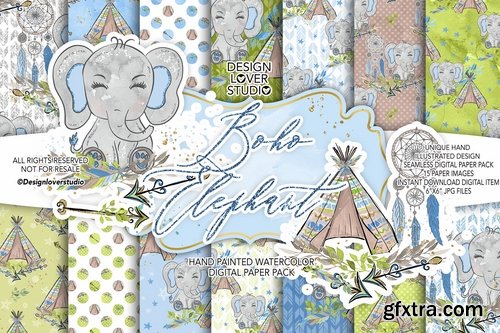 Boho Elephant Blue Cute design and digital paper pack