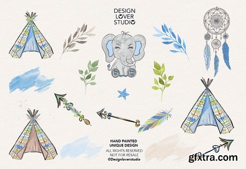 Boho Elephant Blue Cute design and digital paper pack