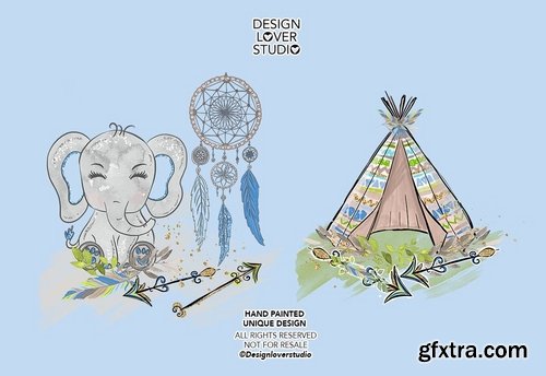 Boho Elephant Blue Cute design and digital paper pack