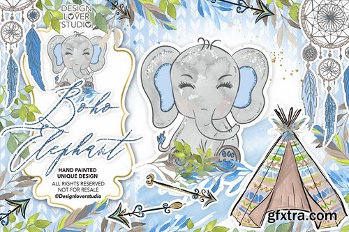 Boho Elephant Blue Cute design and digital paper pack