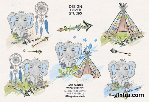 Boho Elephant Blue Cute design and digital paper pack