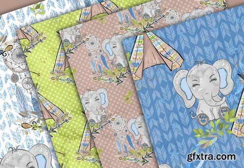 Boho Elephant Blue Cute design and digital paper pack