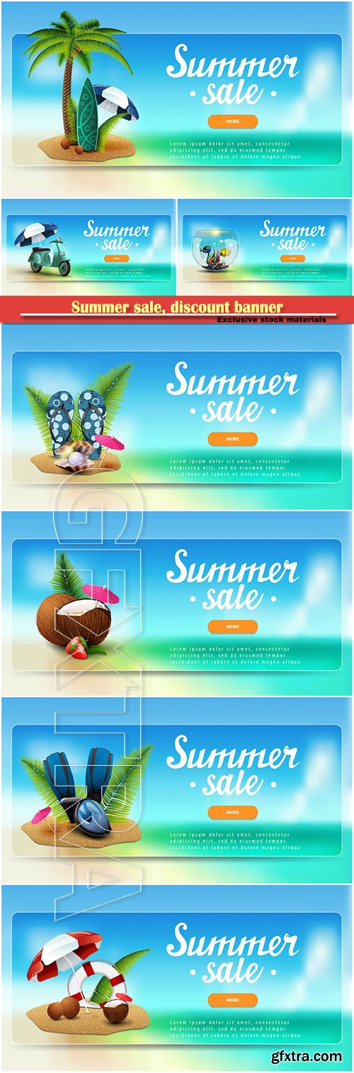 Summer sale, discount banner with lettering, sea landscape