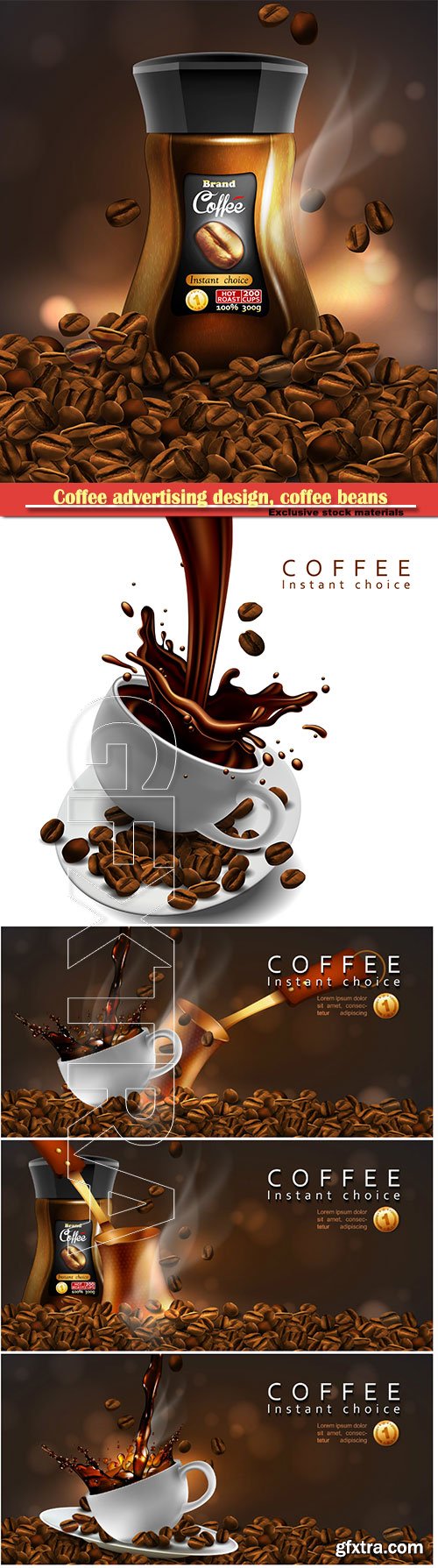 Coffee advertising design, coffee beans, cup of coffee with a splash effect  and a transparent smoke in 3d vector