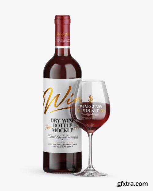 Clear Red Wine Bottle w/ Glass Mockup 40164