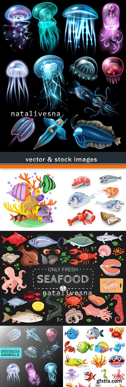 Sea small fishes set cartoon of illustrations