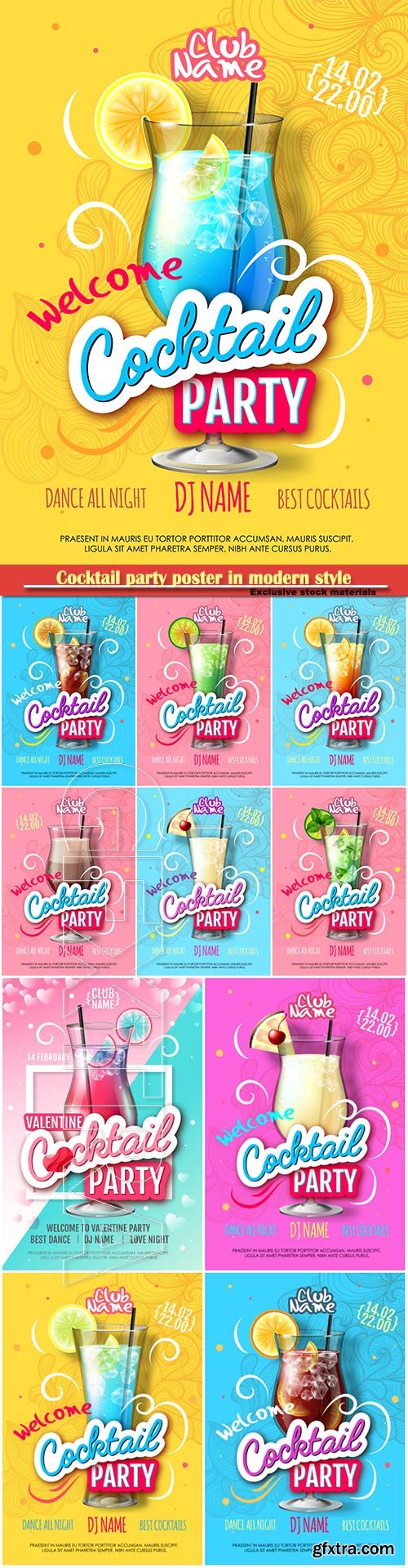 Cocktail party poster in modern style, realistic cocktail vector illustration