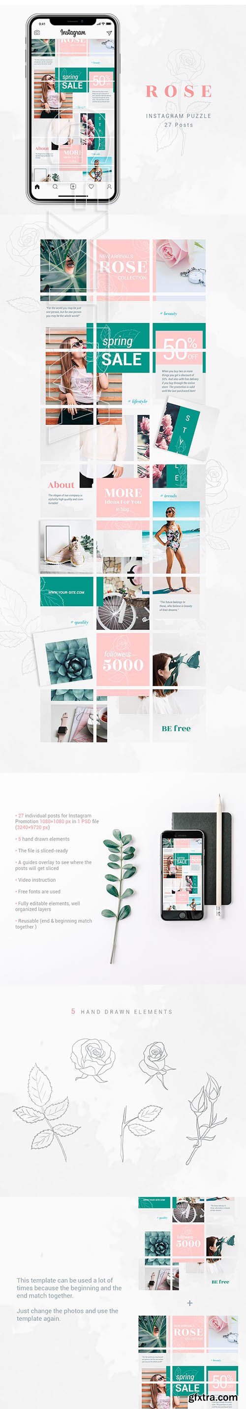 CreativeMarket - Instagram Puzzle Template - Rose 3606679