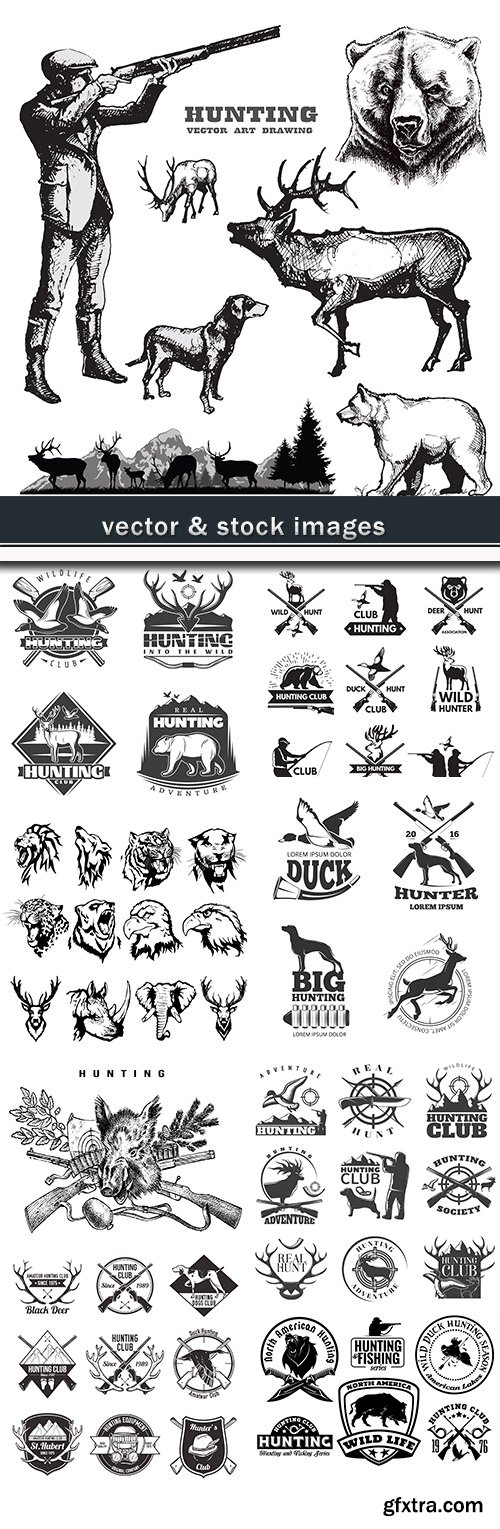 Hunting wild nature and animals vintage emblems