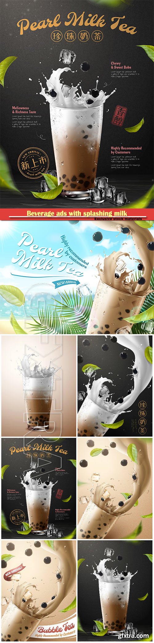 Beverage ads with splashing milk and pearl in 3d vector illustration