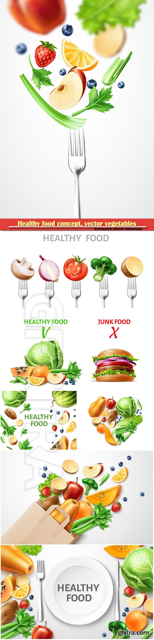 Healthy food concept, vector organic vegetables and fruits