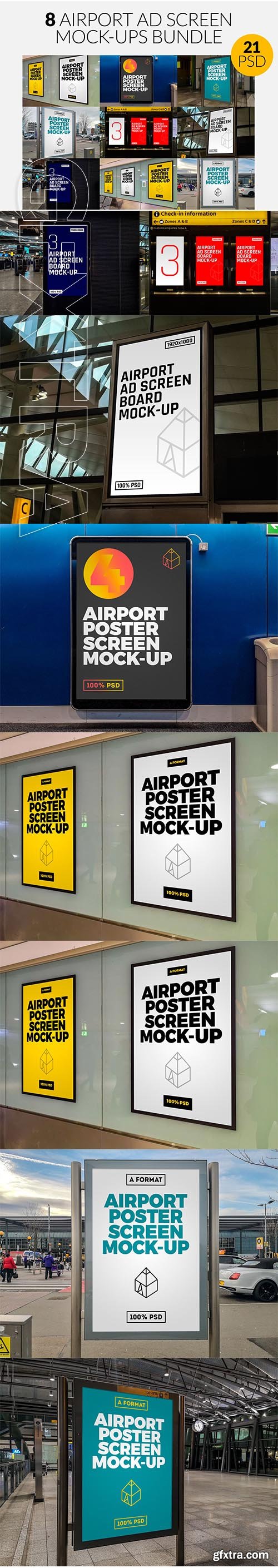 CreativeMarket - 8 Airport Ad Screen Mock-Ups Set 3753297